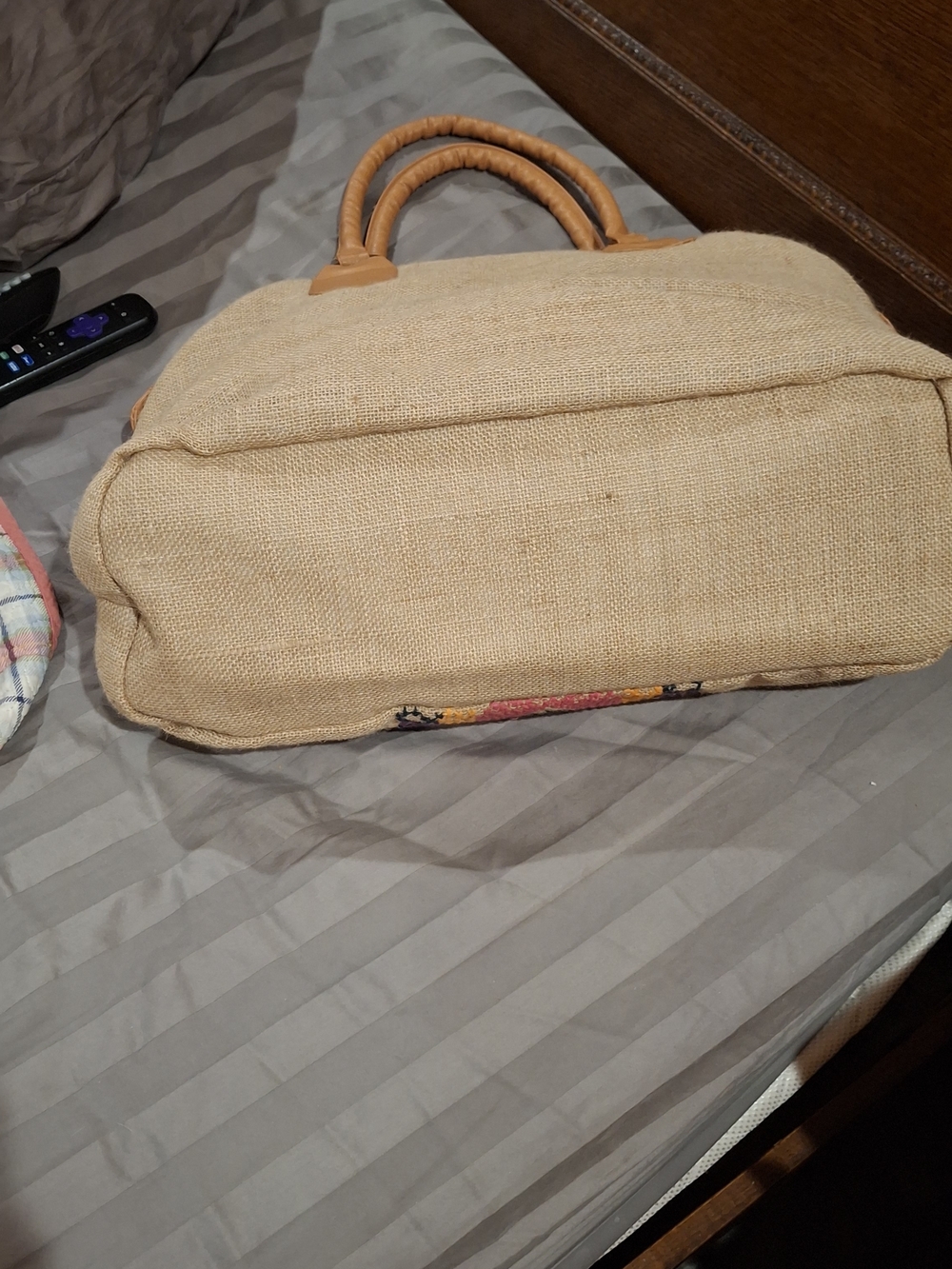 Boho Embroidered Tote Bag with Tan Handles - Multicolor Front Panel - Picture 3 of 11